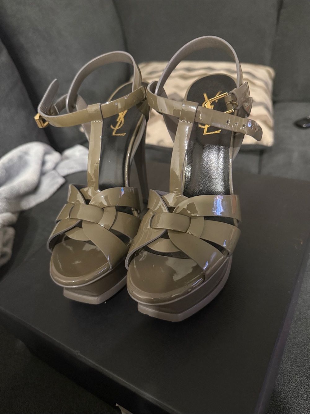 Saint Laurent Gray Patent Leather Tribute Heels